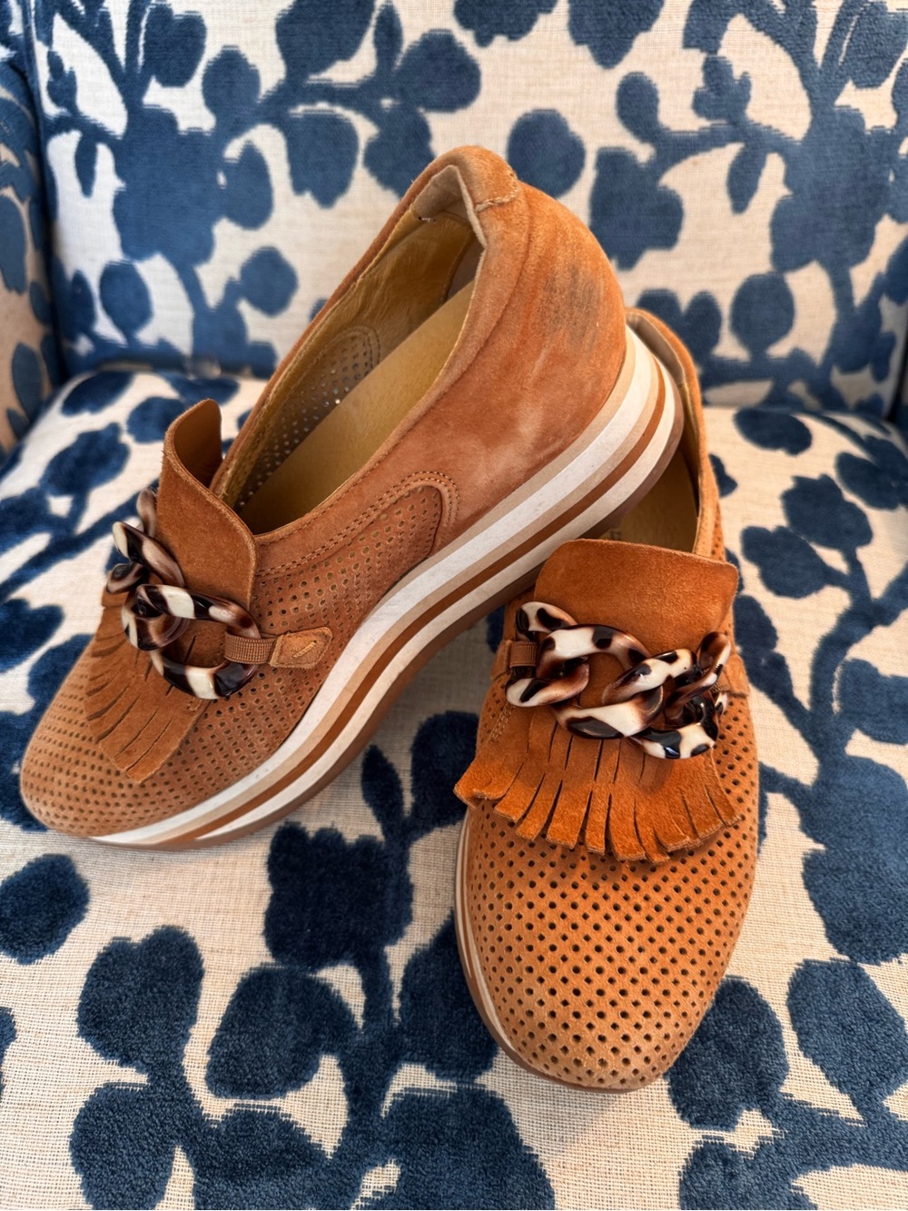 Women’s Tan Suede Platform Loafers with Fringe and Chain Accent